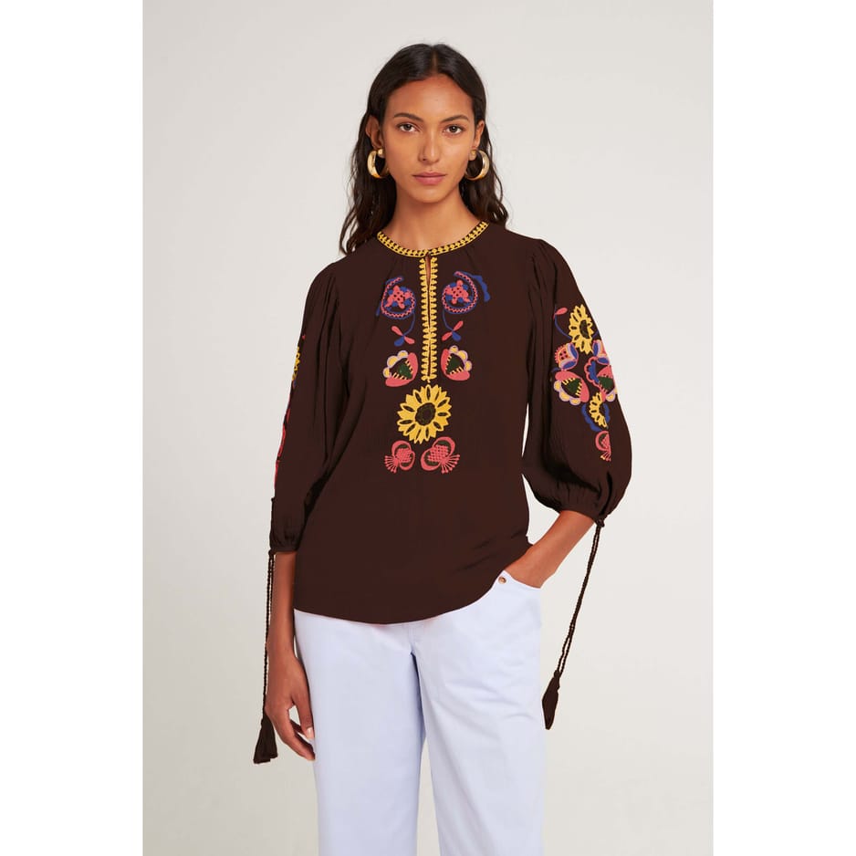 カーキ×インディゴ アンティパスト Floral Embroidered Blouse EB160
