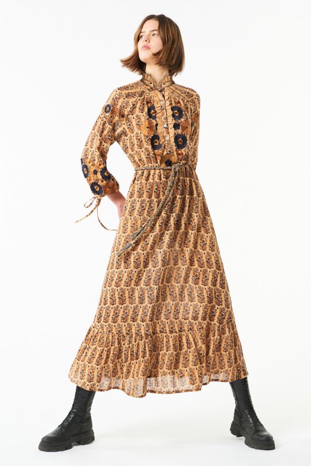 Antikbatik Pauline embroidered maxi dress - Camel