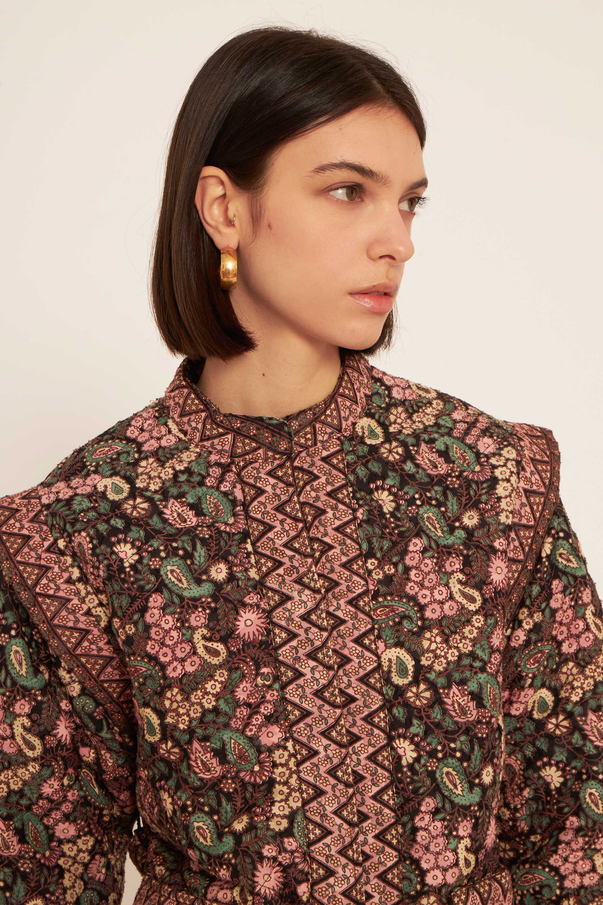 Cotton jacquard quilted jacket Black and pink floral print ANTIK BATIK